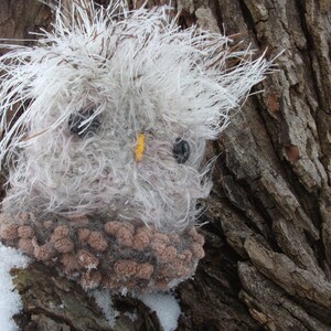 Pu&ograve; includere: Un giocattolo di peluche a forma di gufo, di colore bianco e marrone, con occhi neri e un becco giallo. Il giocattolo &egrave; seduto su un tronco d'albero.