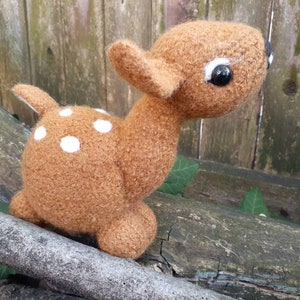 Fawn stuffed animal, Deer plush, true handmade knit felted woodland plushie