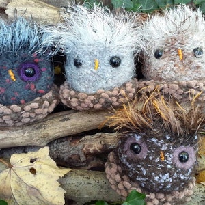 Pu&ograve; includere: Quattro giocattoli di peluche a forma di gufo fatti a mano con pelliccia e occhi di diversi colori. Ogni gufo indossa un colletto in crochet marrone. I gufi sono seduti su un mucchio di rami e foglie.
