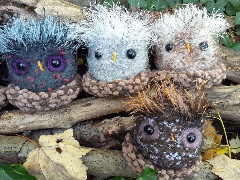 Pu&ograve; includere: Quattro giocattoli di peluche a forma di gufo fatti a mano con pelliccia e occhi di diversi colori. Ogni gufo indossa un colletto in crochet marrone. I gufi sono seduti su un mucchio di rami e foglie.