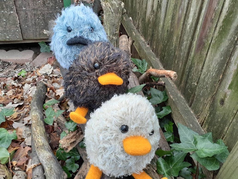 Peut inclure: Trois jouets en peluche moelleux en forme d'oiseaux. Le premier oiseau est bleu avec un bec et des yeux noirs. Le deuxi&egrave;me oiseau est brun avec un bec et des yeux noirs et un bec orange. Le troisi&egrave;me oiseau est blanc avec un bec et des yeux noirs et un bec orange.