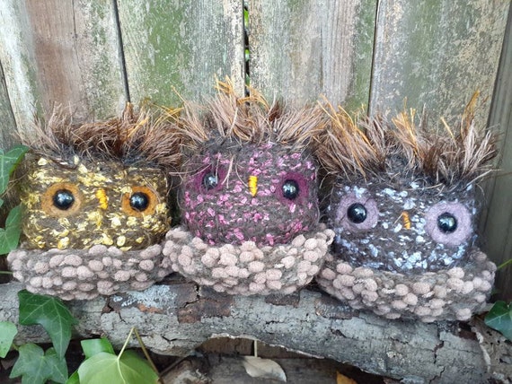 Owl stuffed animals in jeweltone colors with plush nest, true handmade plush.