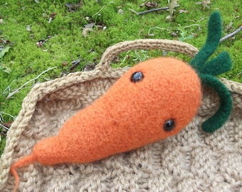 Carrot plush, stuffed root vegetable, true handmade knit felted wool