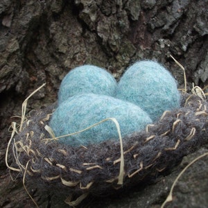 Robin's nest with blue eggs, true handmade knit felted wool bird decor