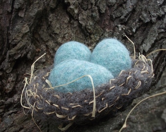 Robin&#39;s nest with blue eggs, true handmade knit felted wool bird decor