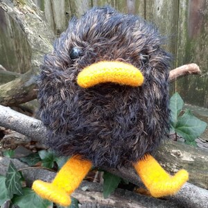 Peut inclure: Un animal en peluche noir et brun avec un bec et des pattes jaunes. L'animal est assis sur une branche.