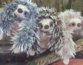 Sloth stuffed animal, fuzziest fur, plush Mama and baby, hand knit and felted