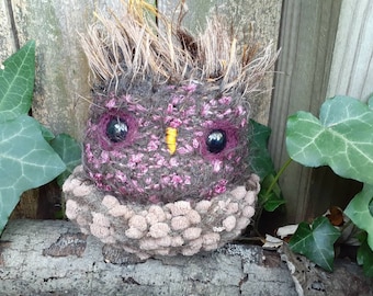 Rosy Jeweltone Owl stuffed animal with plush nest, ready to ship