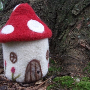 Toadstool house with spotted mushroom cap, hand knit, felted and needlefelted groovy, quirky container.