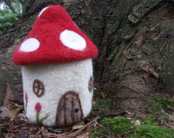 Toadstool house with spotted mushroom cap, hand knit, felted and needlefelted groovy, quirky container.