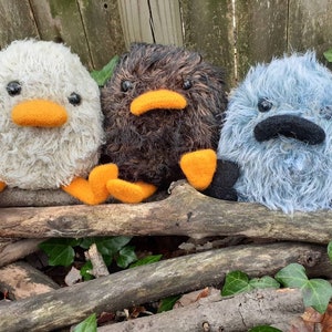 Peut inclure: Trois peluches, un canard blanc, un oiseau brun et une cr&eacute;ature bleue et duveteuse, sont assis sur un tas de branches. Les jouets ont des becs et des pieds orange.