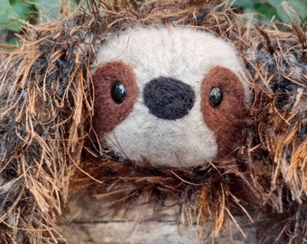 Sloth stuffed animal, long brown black fur plush, true handmade knit and felted