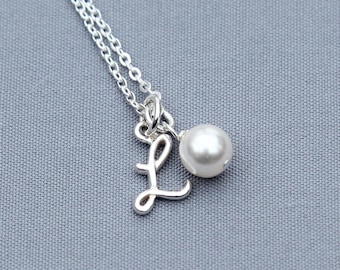 Sterling Silver Bridesmaid Necklace, Cursive Initial, Custom Color Pearl, Personalized Gift for Her, Everyday Jewelry