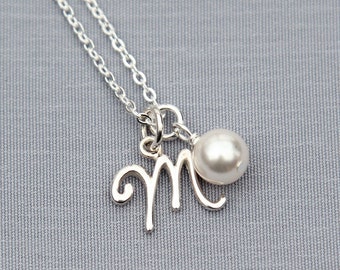 Pearl Initial Necklace in Sterling Silver, Script Letter Charm, Personalized Bridesmaid Jewelry, Gift for Her