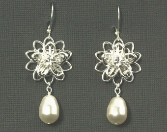 Silver Bridal Earrings, Crystal Flower Wedding Jewelry, Vintage Style Bridal Jewelry, Rhinestone Dangle Wedding Earrings -- ROMANTIC GARDEN
