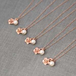 Bridesmaid Flower Necklace Rose Gold, Bridesmaid Gift Set of 9, Rose Gold Bridal Party Gift, Spring Wedding Party Jewelry image 4