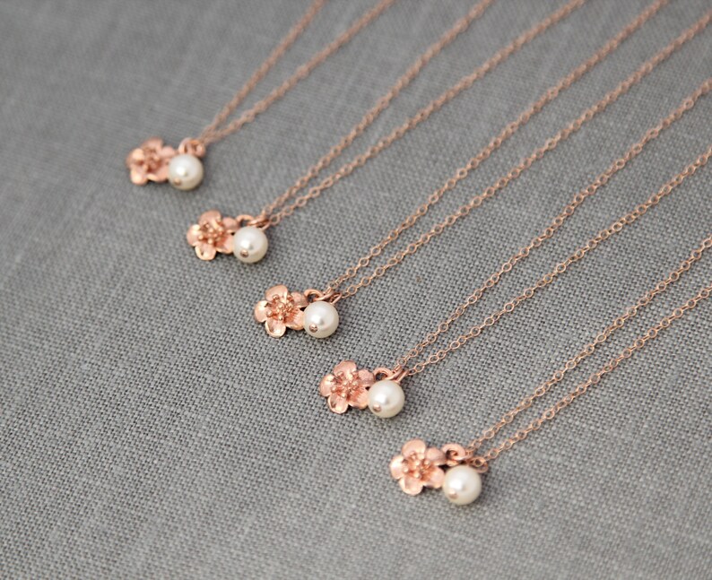 Bridesmaid Flower Necklace Rose Gold, Bridesmaid Gift Set of 9, Rose Gold Bridal Party Gift, Spring Wedding Party Jewelry image 4