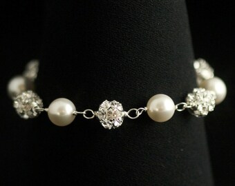 Pulsera de perlas de Rhinestone en plata - Rhinestone y perla pulsera nupcial, pulsera de damas de honor, en todo Swarovski - VERA