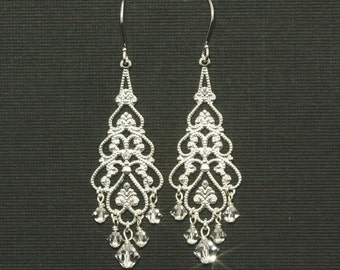 Crystal Chandelier Earrings -- Bridal Earrings, Silver Filigree and Swarovski Crystals for Bridal or Formal -- PRINCESSA