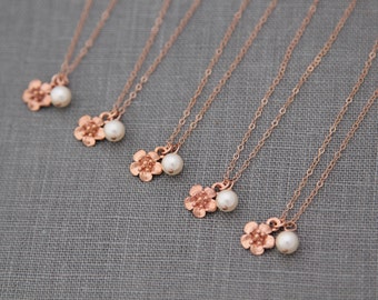 Bridesmaid Flower Necklace Rose Gold, Bridesmaid Gift Set of 9, Rose Gold Bridal Party Gift, Spring Wedding Party Jewelry