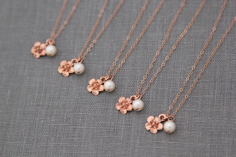 Bridesmaid Flower Necklace Rose Gold, Bridesmaid Gift Set of 9, Rose Gold Bridal Party Gift, Spring Wedding Party Jewelry image 1