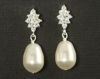 Bridal Stud Earrings -- Pearl Bridal Earrings, Art Deco Wedding Jewelry, Cubic Zirconia Posts, Studs, Vintage Pearl Earrings -- DIAMOND LUXE
