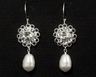 Rhinestone Flower Bridal Earrings, Pearl Wedding Jewelry, Filigree Drop Earrings with Crystal Flowers, Dangles, Cream, Ivory, White Pearls
