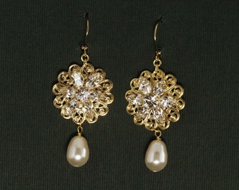 Rhinestone Pearl Wedding Jewelry -- Gold Filigree Flower Jewelry,  Pearl Rhinestone Wedding Earrings, Bridal Earrings, Cream Pearl -- AVA