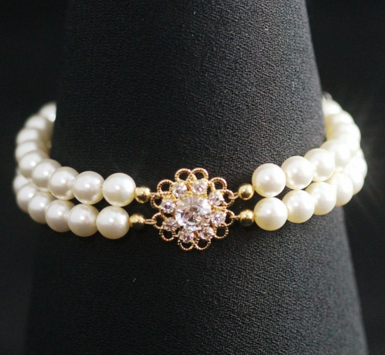 Bridal Bracelet, Double Strand Pearl Bracelet, Gold, Rhinestone Flower Wedding Jewelry, Rhinestone Pearl Wedding Bracelet BRIGITTE image 1