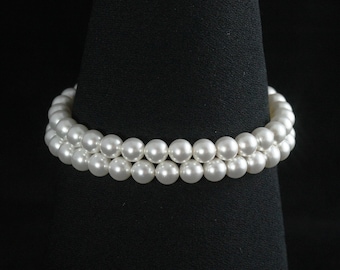 Pearl Bridal Bracelet, Pearl Cuff, Double Strand Pearl Bracelet, Wedding Jewelry, Classic Bridal Bracelet -- EMMARIE II