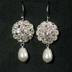 Rhinestone Pearl Bridal Earrings, Old Hollywood Glamour, Vintage Bridal Jewelry, Silver Rhinestone Drop Earrings  -- MARILYN