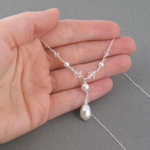 Swarovski Pearl Bridal Necklace Crystal Pearl, Bridal Necklace, White or Ivory Pearls, Y Drop, Handwrapped, Silver FALLING IN Love image 3