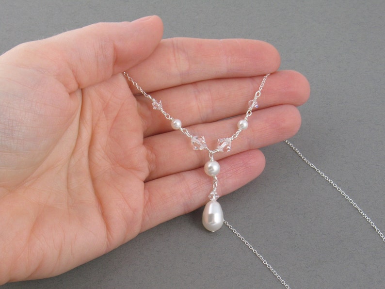 Swarovski Pearl Bridal Necklace Crystal Pearl, Bridal Necklace, White or Ivory Pearls, Y Drop, Handwrapped, Silver FALLING IN Love image 3