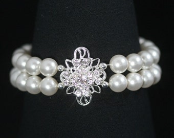 Pearl Bridal Bracelet, Rhinestone Bridal Jewelry, Crystal Pearl Bracelet, Double Strand Pearl Cuff Wedding Bracelet -- ISABELLA