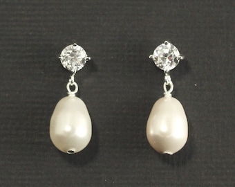 Pearl Drop Bridal Earrings --  Silver Cubic Zirconia Studs Posts, Pearl Teardrop Wedding Earrings, Drop Pearl Wedding Bridal Jewelry -- LUXE