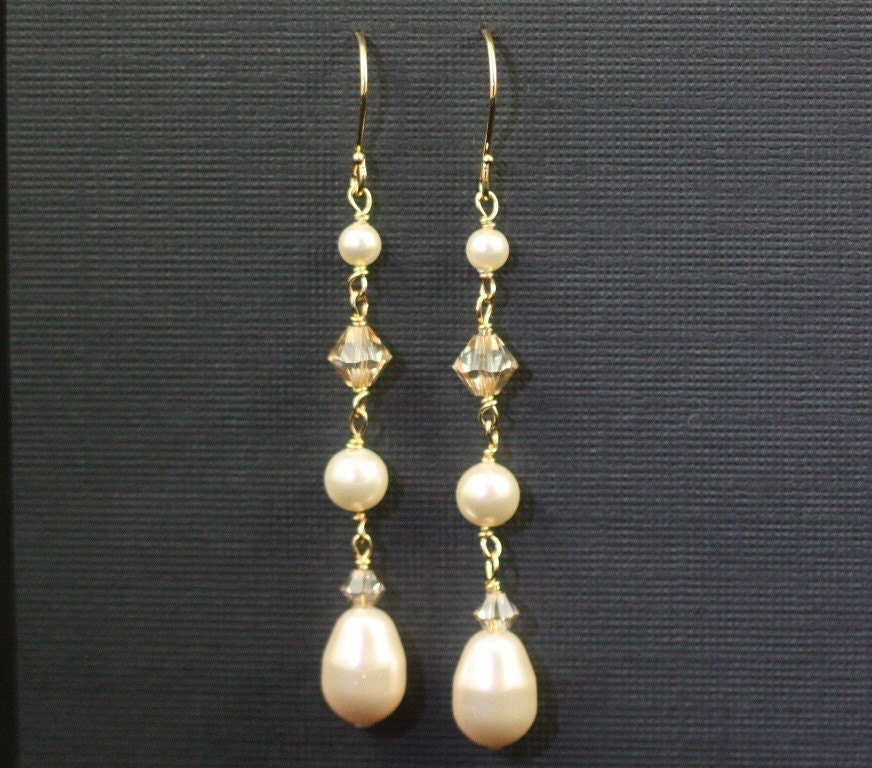Long Pearl Earrings Gold Dangle Bridal Earrings Swarovski | Etsy