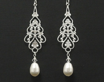 Long Drop Pearl Earrings, Silver Filigree Bridal Jewelry, Wedding Chandelier Earrings, Dangles