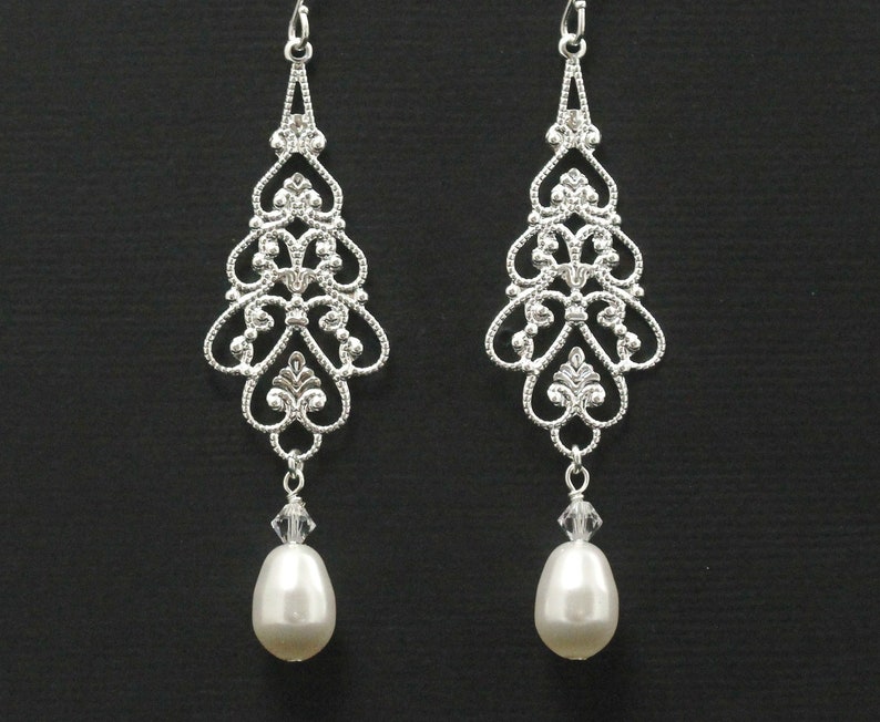 Long Chandelier Earrings Wedding Jewelry, Silver Filligree Chandeliers, Pearl Bridal Earrings, Swarovski Crystal Pearl Jewelry PARFAIT image 1