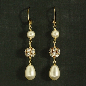 Pearl Bridal Earrings, Gold Bridal Earrings, Pearl Drop Earrings, Long Pearl Earrings, Gold Pearl Bridal Jewelry -- PORTIA