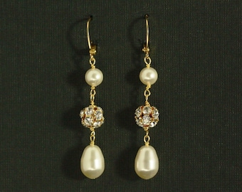 Pearl Bridal Earrings, Gold Bridal Earrings, Pearl Drop Earrings, Long Pearl Earrings, Gold Pearl Bridal Jewelry -- PORTIA