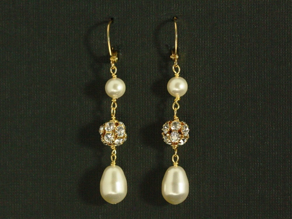 Gold Pearl Drop Earrings, Rhinestone Bridal Earrings, Crystal White ...
