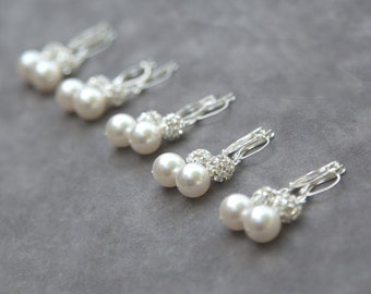 Set of 5 Pearl Bridesmaids Earrings, Bridal Party Jewelry Gift, Crystal Rhinestone Pearl Drop Earrings