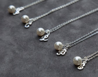 Bridesmaid Jewelry Set of 8, Initial and Pearl Bridesmaid Necklaces, Personalized Initial Jewelry, Letter Wedding Jewelry