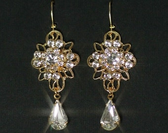 Chandelier Rhinestone Earrings -- Gold, Wedding Earrings, Vintage Bridal Jewelry, Filigree, Swarovski Crystal, Dangles -- ISABELLA II