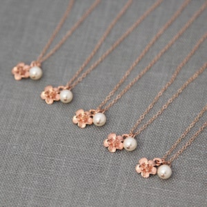 Bridesmaid Flower Necklace Rose Gold, Bridesmaid Gift Set of 9, Rose Gold Bridal Party Gift, Spring Wedding Party Jewelry image 3