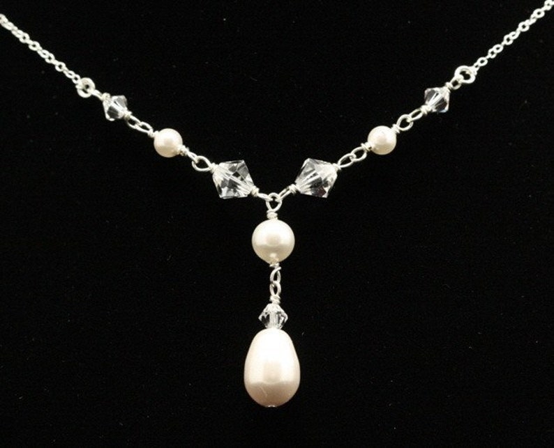 Swarovski Pearl Bridal Necklace Crystal Pearl, Bridal Necklace, White or Ivory Pearls, Y Drop, Handwrapped, Silver FALLING IN Love image 1