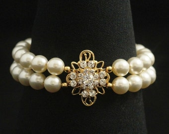 Vintage Style Wedding Bracelet, Double Strand Pearl Bracelet, Bridal Jewelry, Gold Rhinestone Wedding Bracelet -- ISABELLA