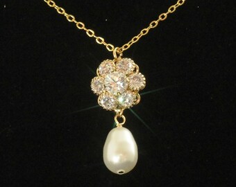 Gold Bridal Jewelry, Crystal Wedding Necklace, Wedding Jewelry, Rhinestone, Bridesmaids Cream Pearl Bridal Necklace  -- BELLA