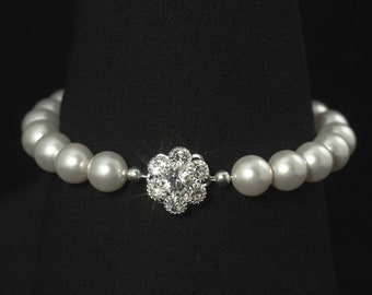 Pearl Bridal Bracelet, Wedding Jewelry, Crystal Bridesmaid Bracelet, White Pearl Jewelry -- BELLA