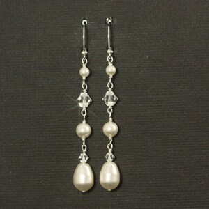Long Pearl Wedding Earrings, Linear Dangles, Crystal Bridal Jewelry, Cream, Ivory, White Pearl Earrings, Long Drop Earrings, Sterling Silver